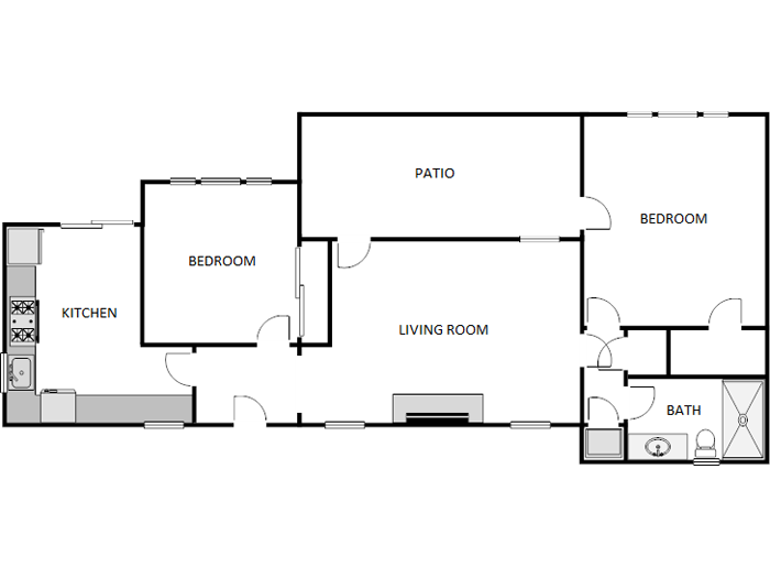 Floor plan for 2 beds, 1 bath, 920 sqft